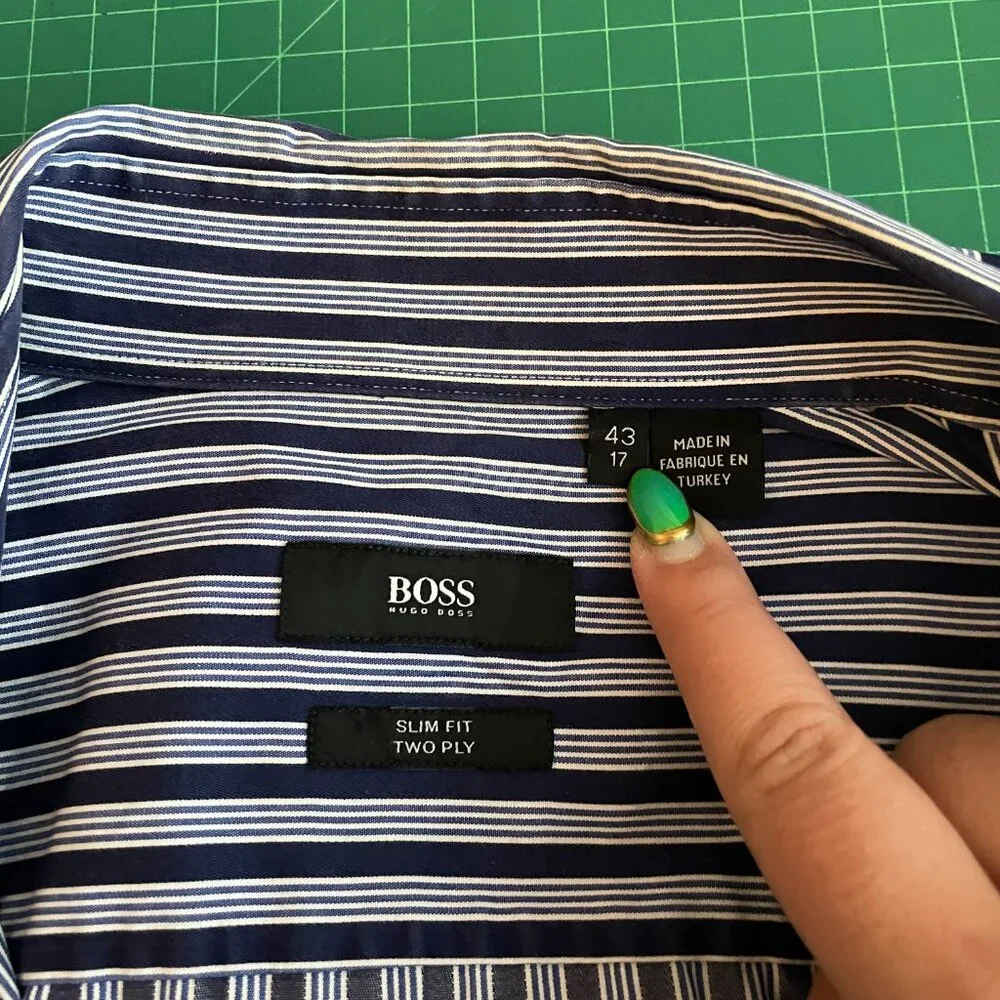 Hugo Boss Men 43 17 Navy Blue White Stripe Shirt Slim Fit Two Ply Spread Collar - Picture 8 of 10